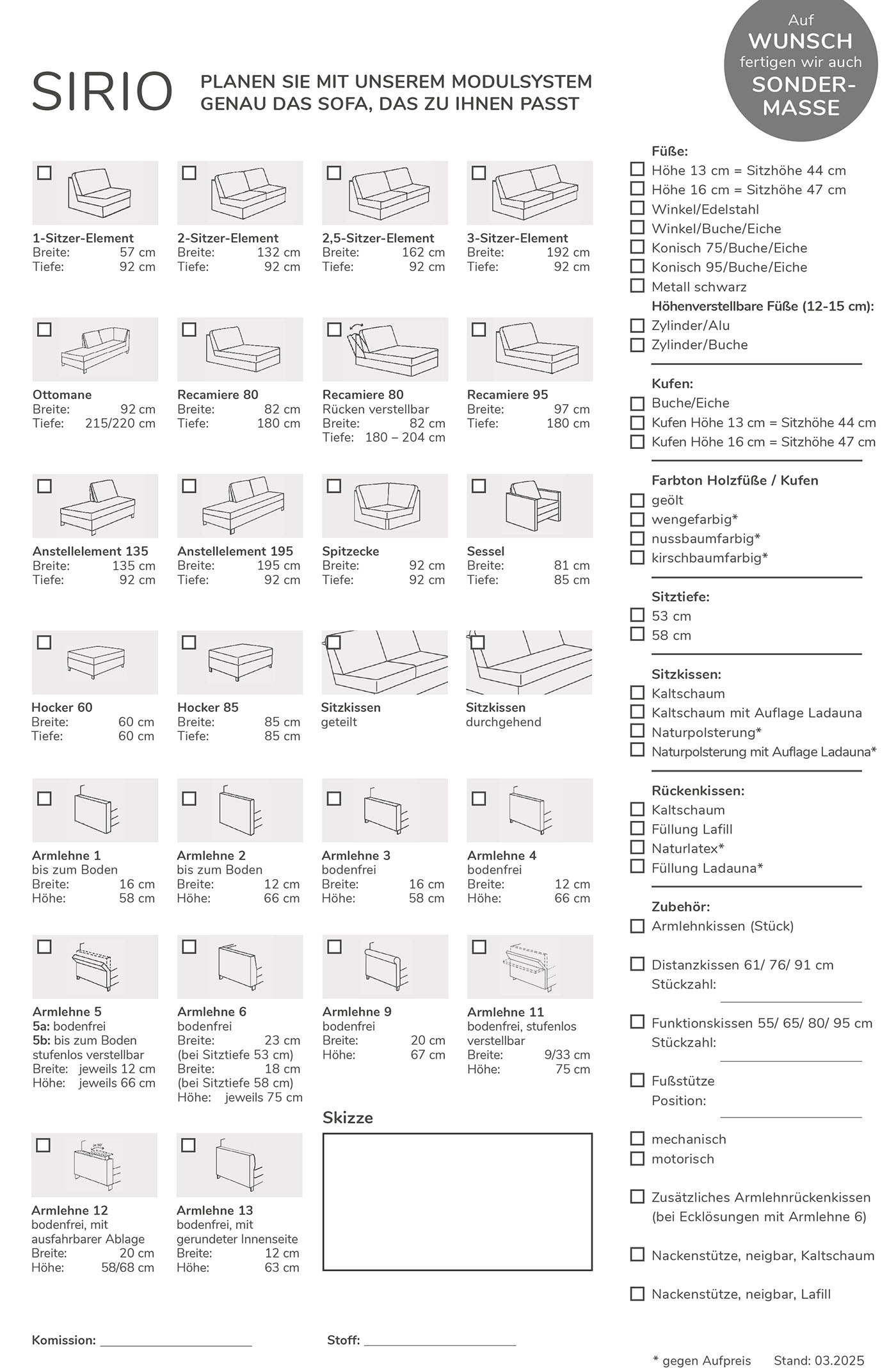 Typenplan System Polstermöbel Sirio Typenplan System Polstermöbel Sirio