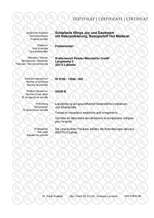Wolkenweich Polster-Manufaktur - Zertifikat Schlafsofas in Naturpolsterung 2013 2015