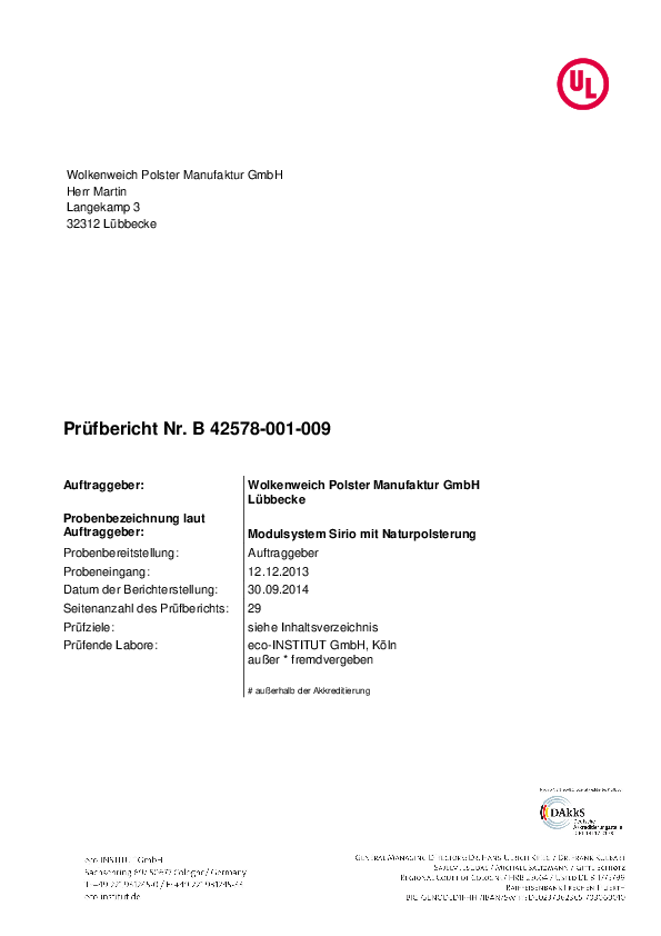 Wolkenweich Polster-Manufaktur - Prüfbericht System Polstermöbel Sirio in Naturpolsterung 2013 - 2015