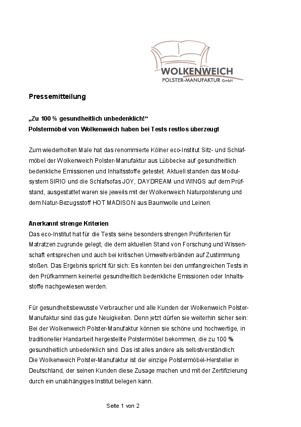 Wolkenweich Polster-Manufaktur - Pressemitteilung Eco Zertifizierung 2014