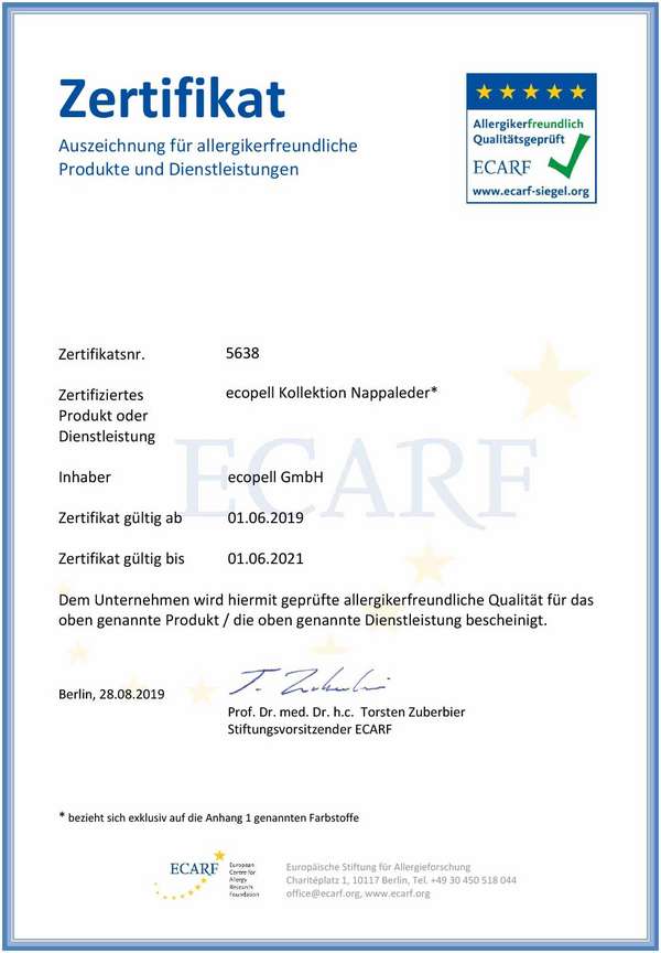 ECARF Zertifikat Ecopell allergikerfreundliche Produkte  gültig bis 6/2021