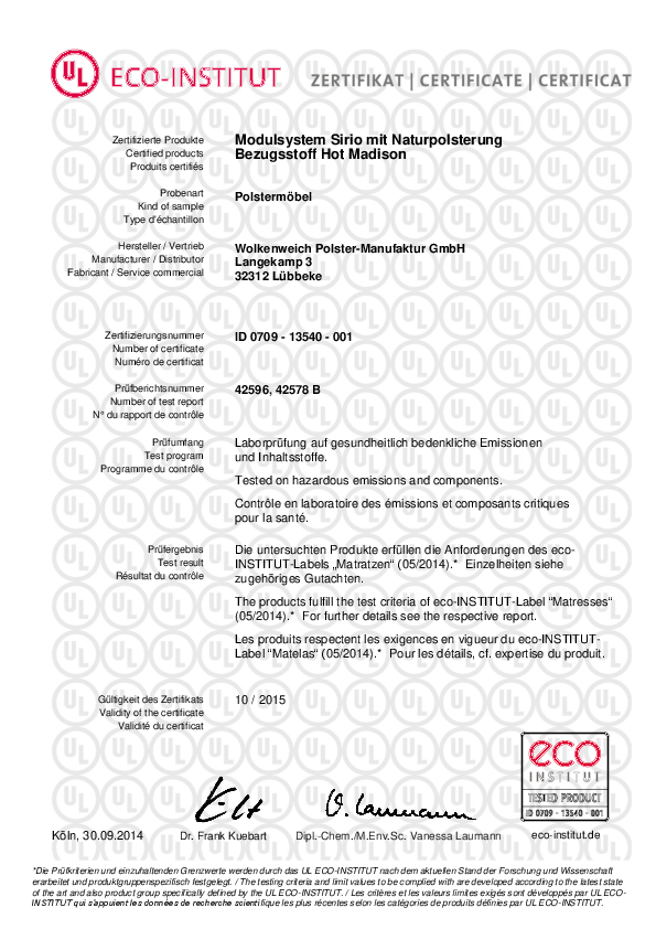 Wolkenweich Polster-Manufaktur - Zertifikat System Polstermöbel Sirio in Naturpolsterung 2013 - 2015